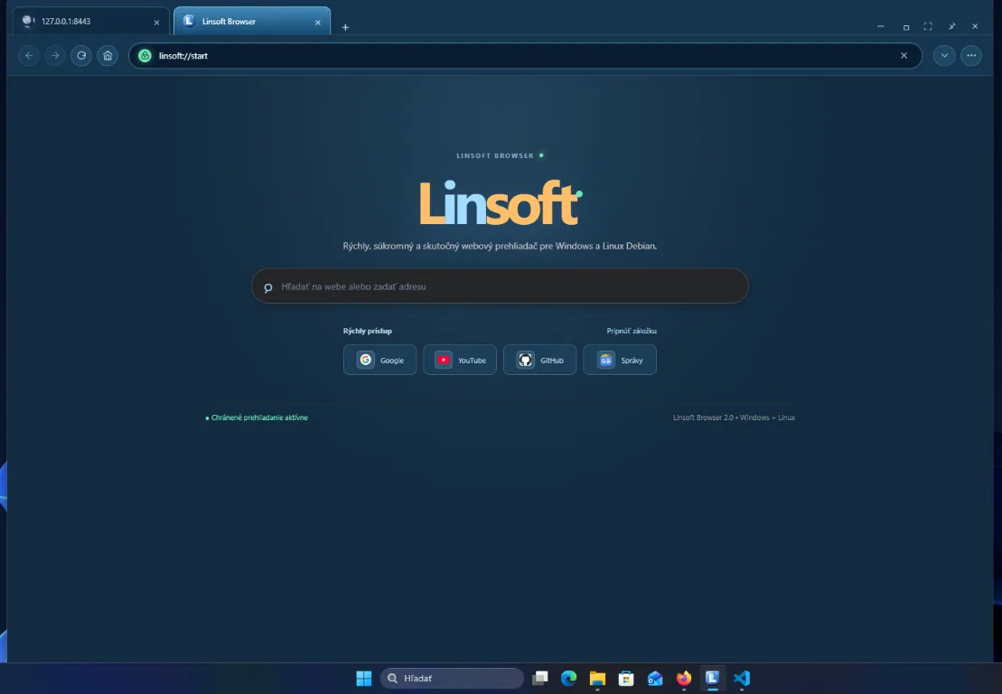 Domovská stránka Linsoft Browser s rýchlym vyhľadávaním a obľúbenými stránkami